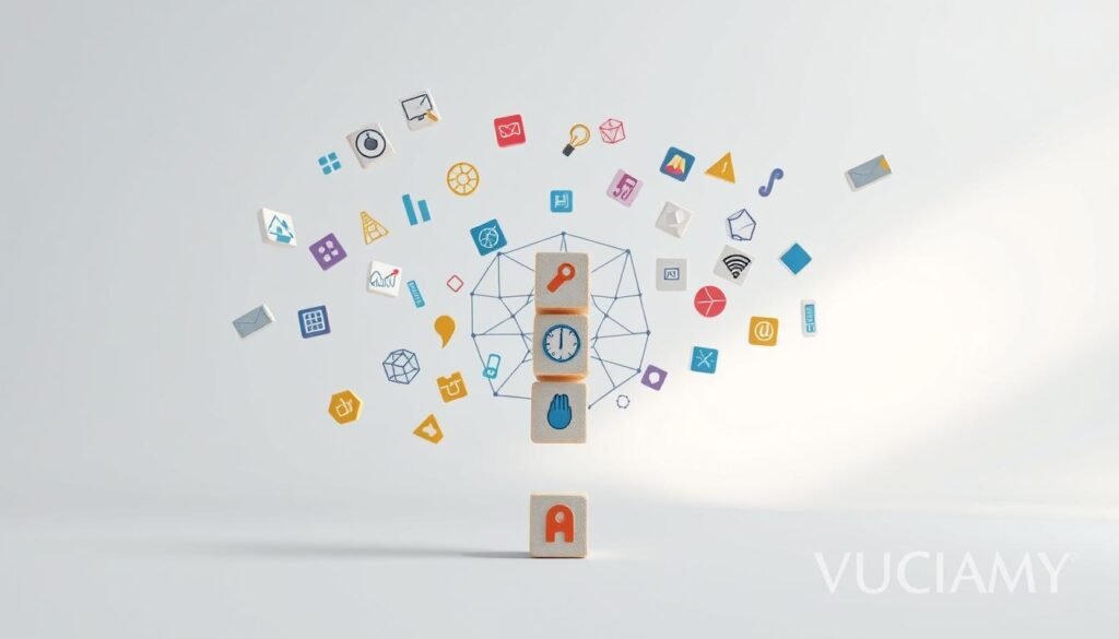 A diverse array of icons, symbols, and shapes floating in a serene, minimalist environment. The foreground features a central stack of blocks representing transferable skills - a compass, a handshake, a lightbulb, and other abstract shapes. The middle ground showcases an array of interconnected geometric forms, suggesting the versatility and adaptability of these skills. The background is a tranquil, gradient-filled void, allowing the focus to remain on the core concept. Lighting is soft and diffused, creating a calming, introspective mood. The overall composition conveys the idea of transferable skills as a versatile toolkit for career transitions.