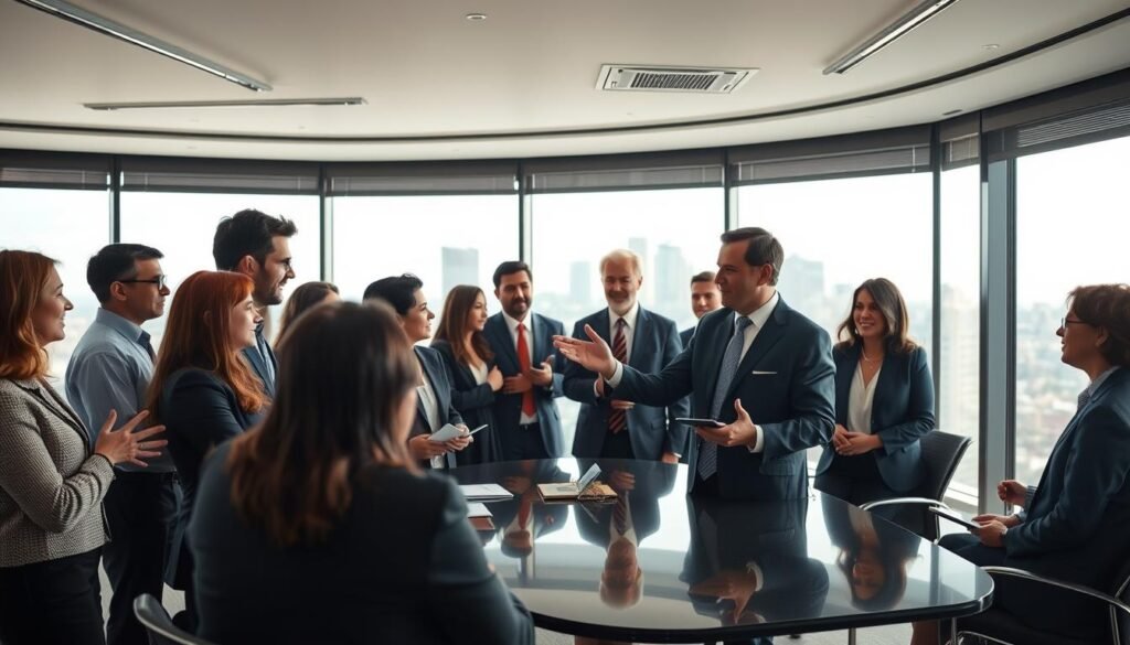 A diverse group of government communications professionals, dressed in formal attire, gathered in a modern conference room with large windows overlooking a city skyline. Soft, diffused lighting illuminates their faces as they engage in animated discussions, exchanging ideas and strategies. In the foreground, a senior advisor gestures while presenting on a sleek, digital display, capturing the attention of their colleagues. The scene conveys a sense of collaboration, innovation, and a commitment to effective public outreach and stakeholder engagement.
