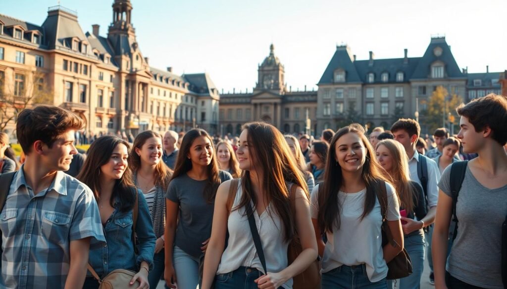 A diverse group of international students walking together on a bustling German university campus. In the foreground, a mix of students from various backgrounds engage in lively discussion, their faces lit by the warm glow of the afternoon sun. In the middle ground, others stroll leisurely, absorbing the vibrant atmosphere. The background features the distinctive architecture of the institution, its grand, historic buildings set against a clear, azure sky. The scene conveys a sense of intellectual curiosity, cultural exchange, and the unique experience of studying abroad in Germany.