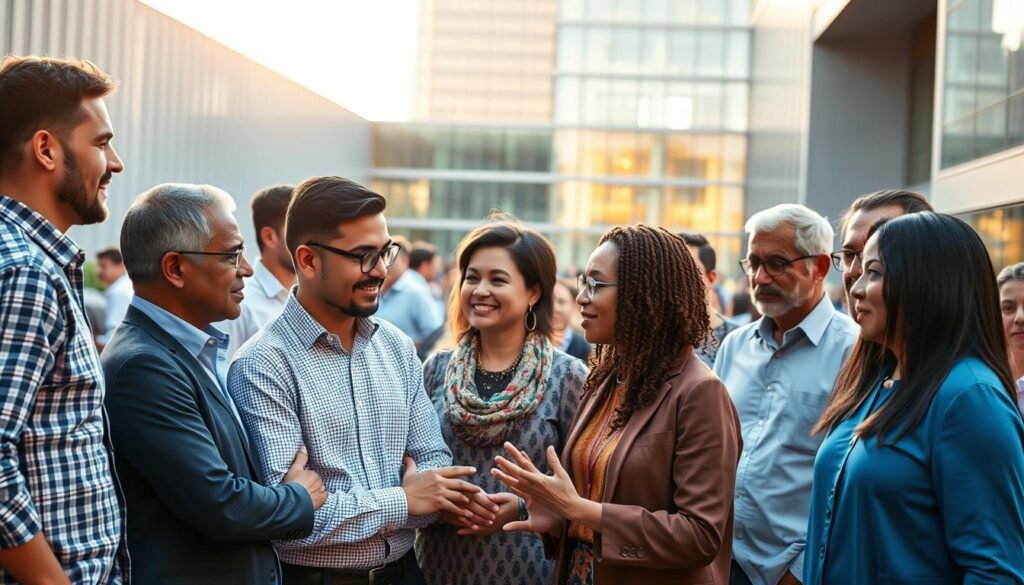 A diverse group of leaders from different backgrounds, nationalities, and disciplines, standing together in a collaborative, harmonious setting. The foreground features a central cluster of figures, their expressions thoughtful and engaged, gesturing as they discuss ideas. The middle ground shows a wider gathering of individuals, interacting in small groups or pairs, with a sense of shared purpose and camaraderie. In the background, a modern, architecturally striking building serves as a symbolic backdrop, its clean lines and glass facade representing the global, interconnected nature of this community. Warm, natural lighting filters through the scene, creating a sense of openness and inclusivity. The overall atmosphere conveys a spirit of intellectual curiosity, innovative thinking, and a collective dedication to positive change.