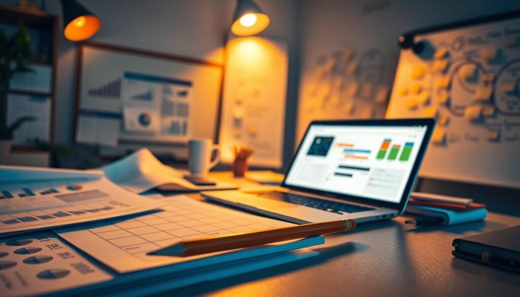 A dynamic business analyst's workspace, illuminated by warm, focused lighting. In the foreground, an array of essential tools - spreadsheets, wireframes, user journey maps, and a sharp pencil, symbolizing the analytical and design skills required. In the middle ground, a laptop displaying data visualizations and process diagrams, emphasizing the data-driven and problem-solving capabilities. The background features a whiteboard with brainstormed ideas and post-it notes, reflecting the collaborative and creative nature of the role. The overall atmosphere conveys the intellectual challenge and multifaceted expertise of a skilled business analyst. A dynamic business analyst's workspace, illuminated by warm, focused lighting. In the foreground, an array of essential tools - spreadsheets, wireframes, user journey maps, and a sharp pencil, symbolizing the analytical and design skills required. In the middle ground, a laptop displaying data visualizations and process diagrams, emphasizing the data-driven and problem-solving capabilities. The background features a whiteboard with brainstormed ideas and post-it notes, reflecting the collaborative and creative nature of the role. The overall atmosphere conveys the intellectual challenge and multifaceted expertise of a skilled business analyst.