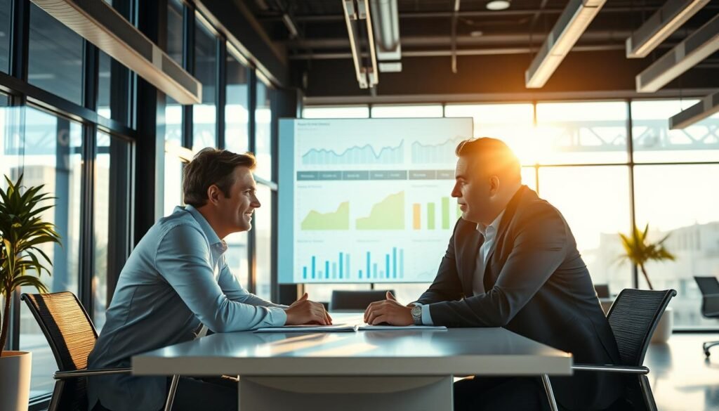 A dynamic corporate office environment, with employees engaged in a productive one-on-one meeting. Warm, natural lighting filters through large windows, casting a soft glow on the participants. The manager and employee sit across a modern, minimalist desk, leaning in attentively, their expressions conveying a sense of collaboration and mutual understanding. Behind them, a sleek information dashboard displays performance metrics, emphasizing the data-driven nature of the discussion. The scene exudes a tone of professionalism, progress, and a shared commitment to individual and organizational success. A dynamic corporate office environment, with employees engaged in a productive one-on-one meeting. Warm, natural lighting filters through large windows, casting a soft glow on the participants. The manager and employee sit across a modern, minimalist desk, leaning in attentively, their expressions conveying a sense of collaboration and mutual understanding. Behind them, a sleek information dashboard displays performance metrics, emphasizing the data-driven nature of the discussion. The scene exudes a tone of professionalism, progress, and a shared commitment to individual and organizational success.