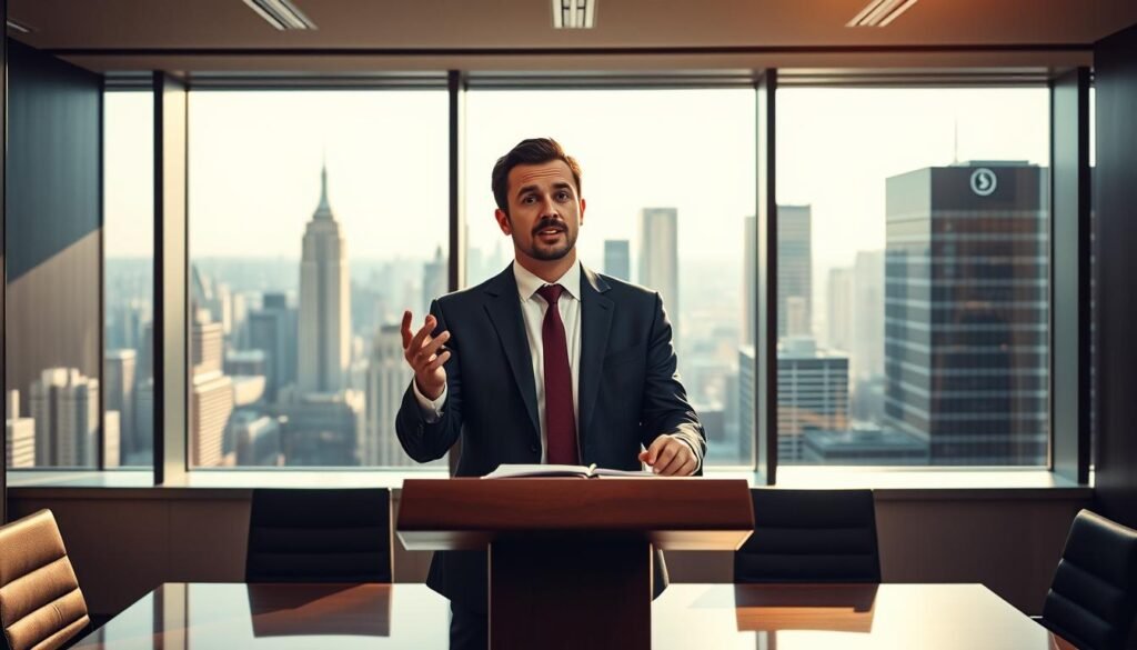 A dynamic corporate office setting, with a well-dressed professional standing at a podium, delivering a passionate speech on the importance of salary negotiation for career growth. The background is a sleek, modern boardroom with large windows overlooking a bustling city skyline, bathed in warm, directional lighting that casts dramatic shadows. The speaker's facial expression conveys confidence and determination, gesturing with purpose as they make their case. The atmosphere is one of inspiration and empowerment, encouraging the viewer to take control of their financial future through effective negotiation strategies.