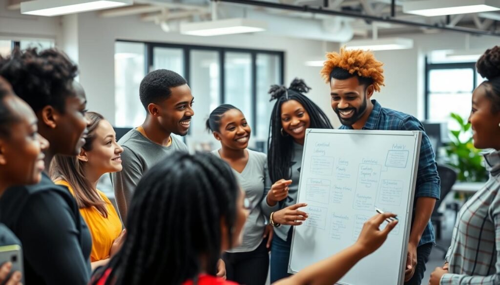 A dynamic group of young professionals, passionately engaged in a leadership program, their faces alight with determination. In the foreground, they collaborate on a whiteboard, mapping out strategies and ideas. In the middle ground, mentors guide them, offering valuable insights. The background reveals a modern, well-equipped office space, filled with natural light and a sense of purpose. The scene conveys the transformative impact of the Mandela Washington Fellowship, empowering these individuals to become agents of positive change in their communities.