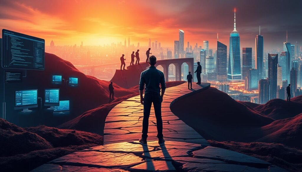 A dynamic, layered scene depicting the journey of a tech career path. In the foreground, a figure stands at a crossroads, contemplating their next steps. Behind them, a winding path leads through a landscape of digital interfaces, coding terminals, and futuristic cityscapes, hinting at the diverse possibilities ahead. The middle ground features silhouettes of professionals climbing ladders of success, while the background showcases a vibrant, neon-lit cityscape, symbolizing the fast-paced, ever-evolving nature of the tech industry. Warm, inviting lighting illuminates the scene, creating a sense of hope and potential. Captured with a wide-angle lens to convey a sense of scale and possibility.