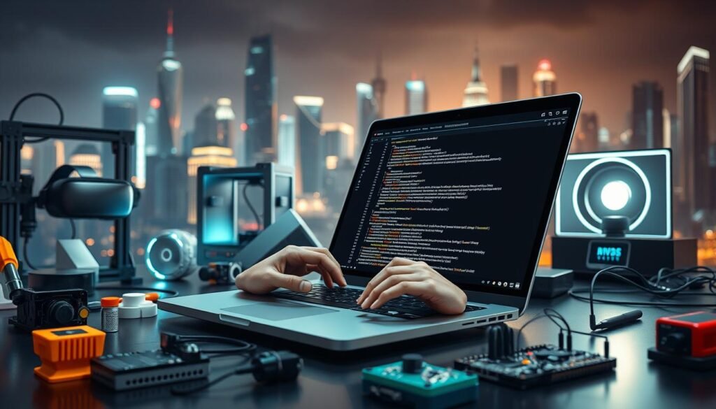 A dynamic, well-lit scene showcasing a range of cutting-edge tech skills. In the foreground, a person's hands skillfully coding on a sleek, high-resolution laptop, the screen displaying complex algorithms and lines of code. In the middle ground, various tech tools and devices such as a virtual reality headset, a 3D printer, and a programmable microcontroller board. The background features a futuristic cityscape with towering skyscrapers and glowing neon lights, conveying a sense of innovation and progress. The overall mood is one of innovation, determination, and a forward-thinking approach to technology.