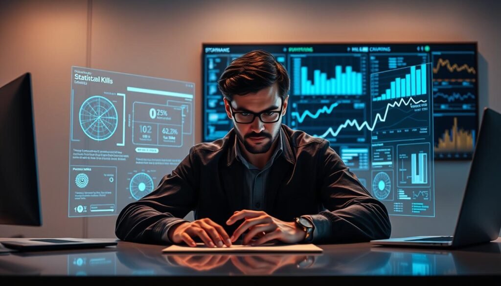 A focused and determined data analyst sits at a sleek, modern desk, surrounded by holographic displays showcasing complex data visualizations and analytical insights. The lighting is crisp and directional, casting dramatic shadows that accentuate the analyst's features as they intently review statistical models and algorithms. In the background, a wall-mounted panel displays real-time data feeds and KPIs, providing context for the analyst's deep dive into core analytical skills. The scene conveys a sense of intellectual rigor, technological mastery, and a relentless pursuit of data-driven decision-making. A focused and determined data analyst sits at a sleek, modern desk, surrounded by holographic displays showcasing complex data visualizations and analytical insights. The lighting is crisp and directional, casting dramatic shadows that accentuate the analyst's features as they intently review statistical models and algorithms. In the background, a wall-mounted panel displays real-time data feeds and KPIs, providing context for the analyst's deep dive into core analytical skills. The scene conveys a sense of intellectual rigor, technological mastery, and a relentless pursuit of data-driven decision-making.