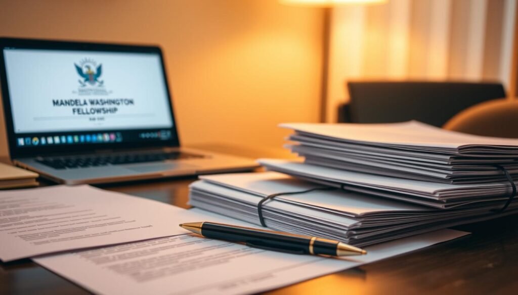 A formal application for the prestigious Mandela Washington Fellowship, centered on a desk with a laptop, pen, and stack of documents. Soft, warm lighting illuminates the workspace, creating an atmosphere of focused professionalism. The application materials are meticulously arranged, conveying a sense of diligence and attention to detail. The laptop screen displays the Fellowship's logo, hinting at the digital submission process. The overall scene emanates a spirit of determination and the pursuit of an important opportunity.