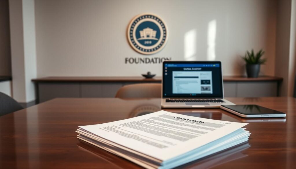 A formal, professional application process for the Obama Foundation Fellowship. In the foreground, a neatly organized stack of application materials including a cover letter, resume, and recommendation letters on a polished wooden desk. In the middle ground, a laptop and tablet display the online application portal. The background features the iconic Obama Foundation logo and a tasteful, minimalist office setting with muted tones and natural lighting filtering through large windows. The overall atmosphere conveys a sense of prestige, opportunity, and attention to detail consistent with the prestigious Obama Foundation program.