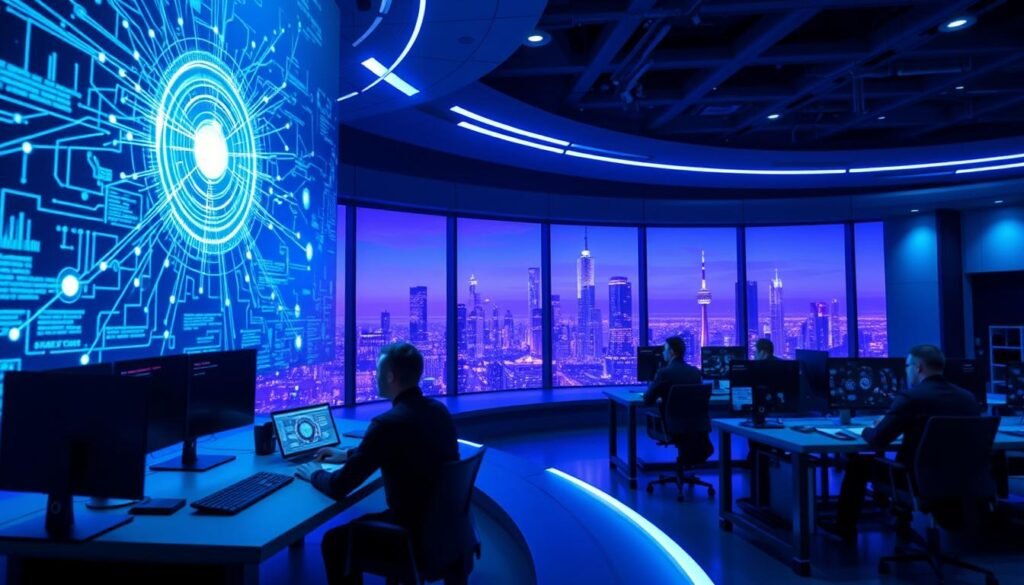 A futuristic data engineering control room, bathed in cool blue and violet hues. In the foreground, a large holographic display showcases intricate data flow diagrams, with lines and nodes pulsing with real-time information. In the middle ground, a team of data engineers, clad in sleek, minimalist uniforms, collaborate at workstations, analyzing trends and optimizing data pipelines. The background features a panoramic window revealing a cityscape of gleaming skyscrapers, symbolizing the integration of data engineering systems within the modern technological landscape. Subtle ambient lighting and a sense of technological prowess permeate the scene, capturing the essence of data engineering as a cutting-edge, forward-thinking discipline.