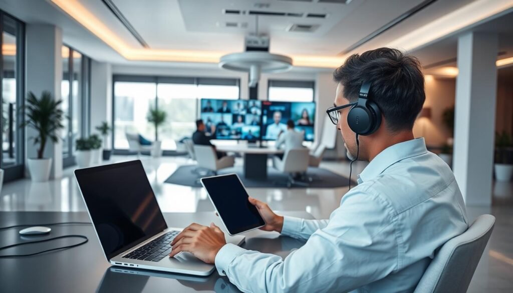 A futuristic workspace with minimalist design, featuring a remote worker using cutting-edge technology solutions. The foreground showcases a sleek laptop, wireless headphones, and a digital tablet for seamless collaboration. In the middle ground, a sophisticated video conferencing setup with high-definition cameras and multiple displays enables virtual meetings. The background depicts a stylish, open-concept office with abundant natural light, complemented by ergonomic furniture and subtle ambient lighting. Soft, muted tones create a calming, productive atmosphere, while the overall composition conveys the efficiency and adaptability of remote work technology.
