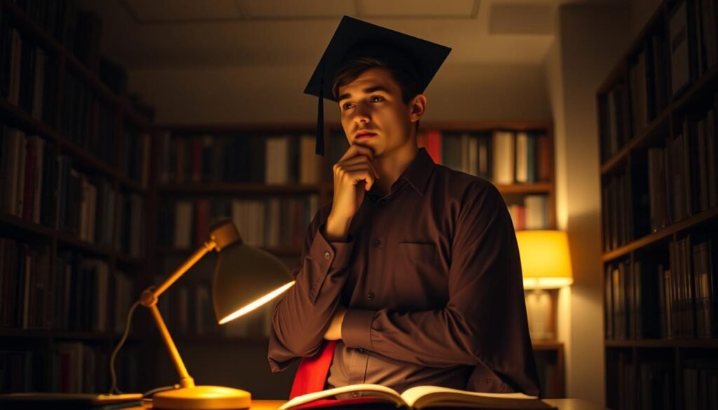 A graduate student standing in a thoughtful pose, contemplating their statement of purpose for their academic journey. The scene is set in a dimly lit study, with bookshelves lining the walls and a desk in the foreground, illuminated by a warm desk lamp. The student's face is partially obscured, emphasizing their introspective mood. The background is blurred, creating a sense of focus on the central figure. The lighting is soft and moody, casting subtle shadows and highlighting the subject's contemplative expression. The overall atmosphere is one of academic seriousness and personal reflection.