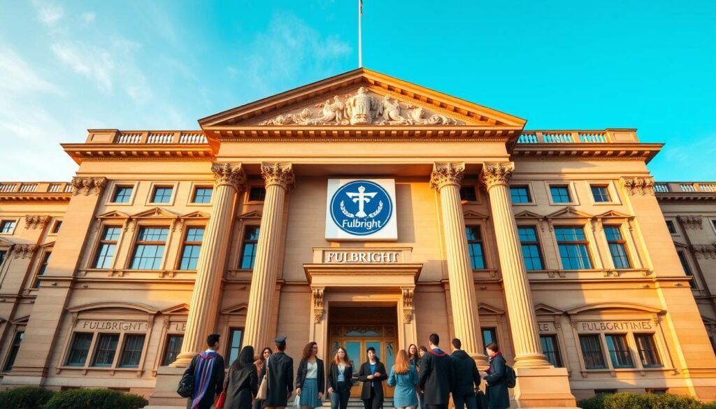 A grand, ornate building with the iconic Fulbright logo proudly displayed on its facade, standing tall against a backdrop of a vibrant blue sky. The structure's neoclassical architecture, complete with towering columns and intricate stone carvings, exudes an air of prestige and academic excellence. In the foreground, a group of diverse students, dressed in academic regalia, gather around the entrance, embodying the global reach and diversity of the Fulbright Scholarship program. Soft, warm lighting illuminates the scene, creating a welcoming and aspirational atmosphere, inviting the viewer to explore the opportunities this prestigious scholarship offers.