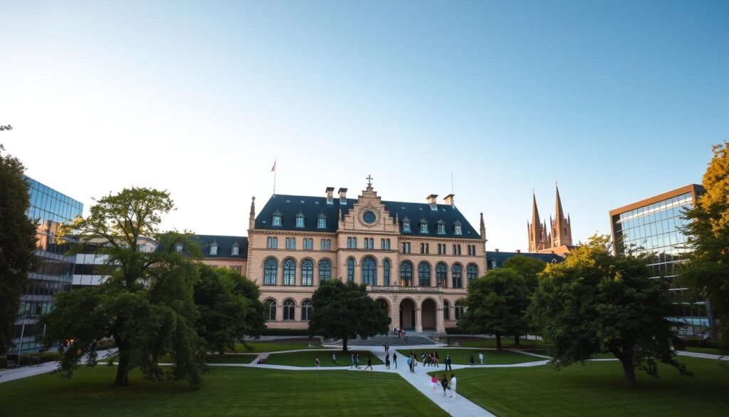 A grand, stately university campus nestled in the heart of Germany, its neo-Gothic architecture juxtaposed with modern glass-and-steel structures. Lush, verdant lawns dotted with towering oak trees frame the central quad, where students gather to study and socialize. The facade of the main administration building gleams in the warm, golden light of the afternoon sun, its intricate stone carvings and arched windows a testament to the institution's long and storied history. In the distance, the spires of a nearby church rise into the cloudless, azure sky, completing the picturesque scene. An atmosphere of intellectual curiosity and scholarly pursuit pervades the campus, inviting all who enter to explore the depths of knowledge and unlock their full potential.