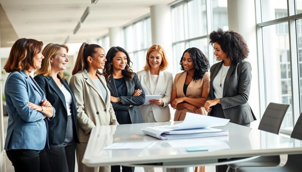 A group of accomplished, diverse women leaders standing confidently in a modern, well-lit office setting. They are dressed in professional attire, exuding an air of authority and poise. In the foreground, three women of different ages and ethnicities engage in a thoughtful discussion, their body language suggesting collaboration and mutual respect. In the middle ground, two other women review documents on a sleek conference table, their expressions focused and determined. In the background, the office is adorned with floor-to-ceiling windows, allowing natural light to flood the space and create a sense of openness and inspiration. The overall atmosphere conveys a sense of empowerment, professionalism, and the ability to navigate complex challenges. A group of accomplished, diverse women leaders standing confidently in a modern, well-lit office setting. They are dressed in professional attire, exuding an air of authority and poise. In the foreground, three women of different ages and ethnicities engage in a thoughtful discussion, their body language suggesting collaboration and mutual respect. In the middle ground, two other women review documents on a sleek conference table, their expressions focused and determined. In the background, the office is adorned with floor-to-ceiling windows, allowing natural light to flood the space and create a sense of openness and inspiration. The overall atmosphere conveys a sense of empowerment, professionalism, and the ability to navigate complex challenges.