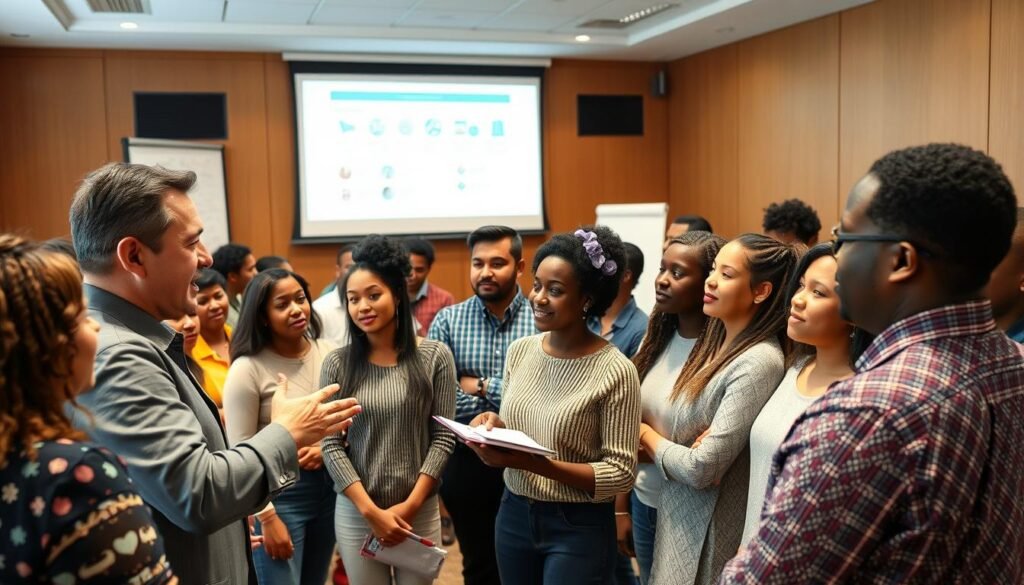 A group of diverse individuals gathered in a warm, well-lit room, engaged in a lively discussion. In the foreground, a confident, charismatic leader facilitates the conversation, gesturing animatedly. The middle ground features attendees leaning in, nodding and taking notes, their expressions intent and focused. In the background, a large projection screen displays a graph or diagram, providing context and structure to the leadership development session. The overall atmosphere is one of collaboration, inspiration, and a shared sense of purpose towards social enterprise initiatives.