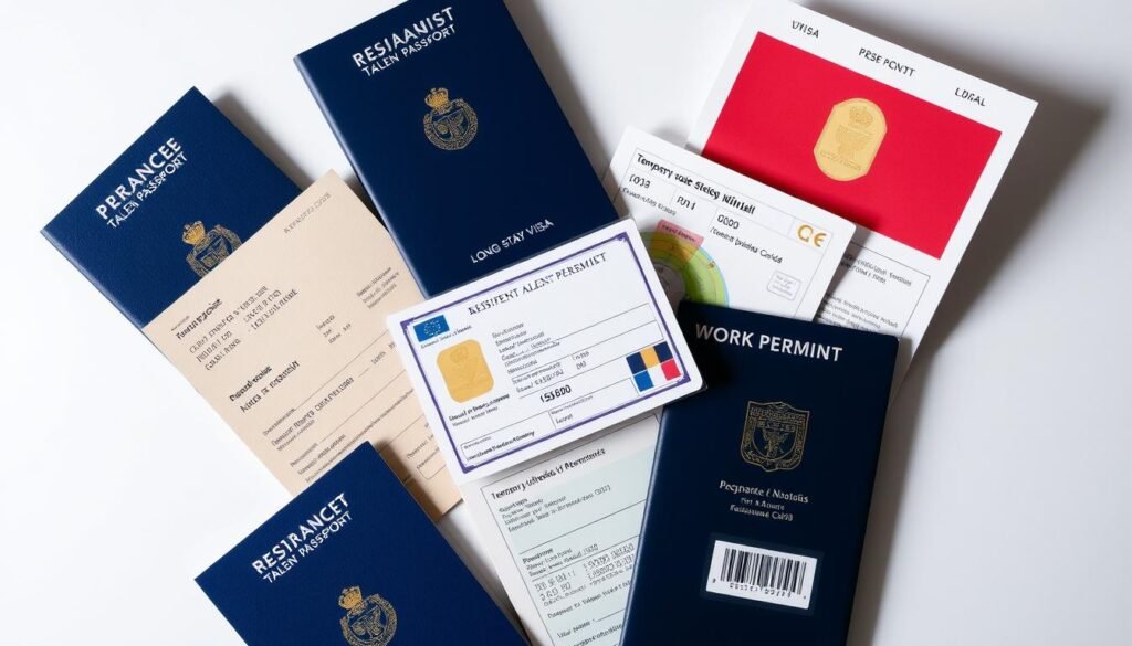 A group of various France Talent Passport residence permit documents, including long-stay visa, multi-year residency card, and temporary work permit, laid out on a clean, minimalist background. The permits are displayed in a visually striking, symmetrical arrangement, with crisp shadows and highlights emphasizing their important legal status. The overall mood is one of professionalism and authority, reflecting the official nature of these immigration documents.