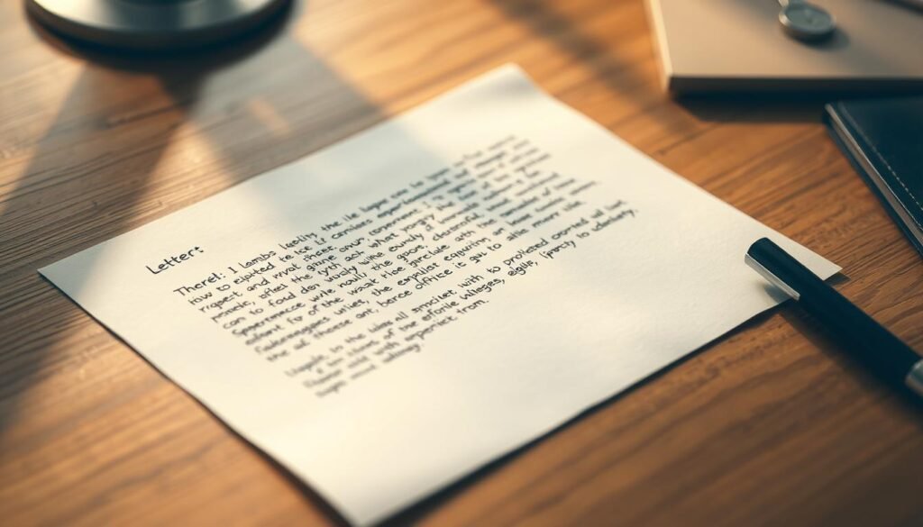 A handwritten letter with a minimalist design, resting on a wooden desk. The letter's text is obscured, but the overall composition conveys a sense of importance and urgency. Soft, warm lighting illuminates the scene, casting gentle shadows. The background is slightly blurred, keeping the focus on the letter. The image exudes a sense of professionalism and thoughtfulness, hinting at the significance of the content, despite the lack of experience.
