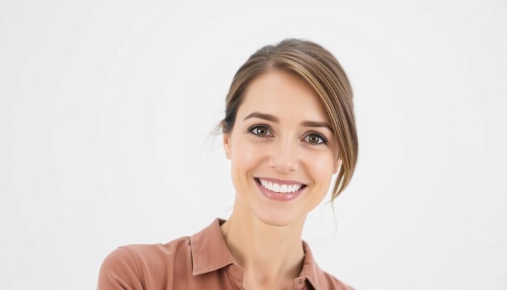 A headshot of a professional-looking person in a neutral, white-walled studio setting. The subject is looking directly at the camera with a friendly, confident expression. Soft, even lighting illuminates their face from the front, creating clean shadows and highlights. The camera is positioned at eye level, creating a level, direct gaze. The person is wearing a well-fitted, solid-colored shirt or blouse, and their hair and makeup are neatly styled. The background is a plain, seamless white cyclorama, allowing the subject to stand out clearly. The overall mood is polished, poised, and ready to impress potential employers or connections on LinkedIn.