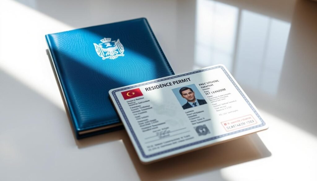 A high-quality Germany residence permit document, meticulously detailed, with a polished blue cover featuring the national emblem. The permit is open, revealing an official ID card with a headshot photograph, personal information, and security features. The document is illuminated by soft, directional lighting, casting subtle shadows and highlights that accentuate its tactile, premium quality. The permit is placed on a neutral, reflective surface, allowing the details to be clearly visible. The overall composition conveys a sense of professionalism, authority, and the significance of this important legal document.
