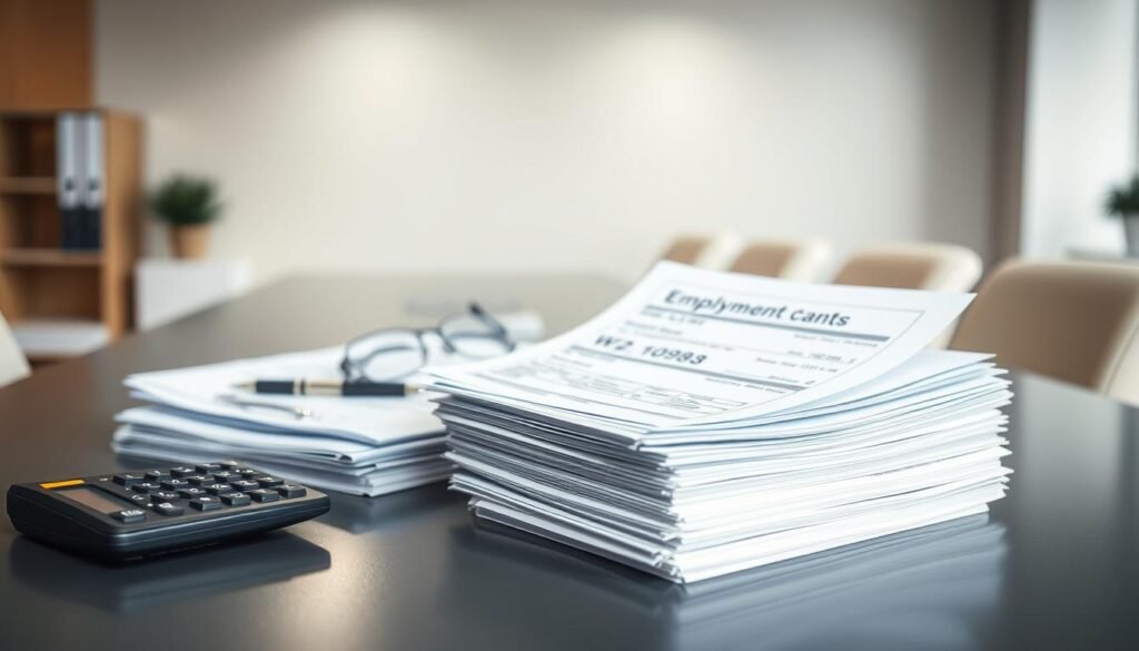 A high-quality studio photograph of employment taxes, with a crisp and detailed focus. In the foreground, a stack of tax forms and documents, including W-2s and 1099s, neatly arranged on a sleek, modern desk. The middle ground features a calculator, a pen, and a pair of reading glasses, suggesting the administrative work involved in managing employment taxes. The background is blurred, but hints at a minimalist office setting, with clean lines and a neutral color palette. The lighting is soft and even, creating a professional and authoritative atmosphere, emphasizing the importance of accurately handling employment tax obligations.