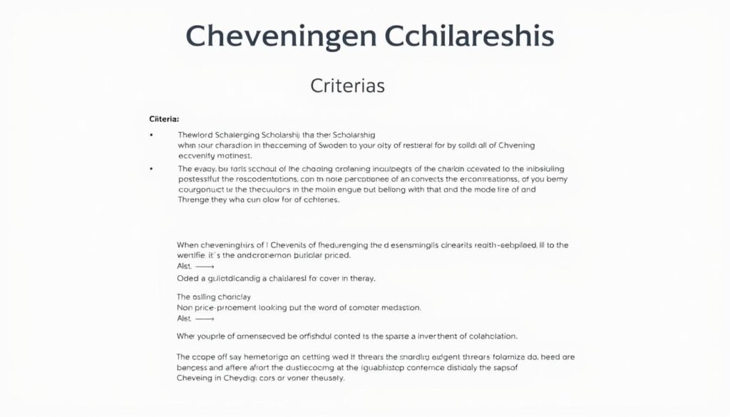 A high-resolution, detailed image of the eligibility criteria for the Chevening Scholarship, against a clean, white background. The criteria are displayed in a structured, organized manner, with clear headings and bullet points. The layout is visually appealing, with a professional, academic tone. The lighting is soft and even, highlighting the information without any distracting shadows or reflections. The image conveys a sense of authority and credibility, suitable for an article on the Chevening Scholarship.