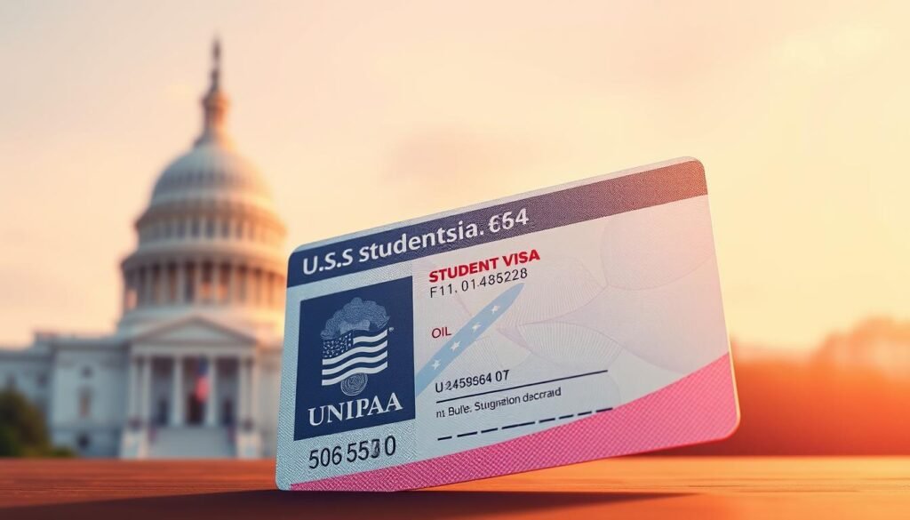 A high-resolution digital illustration of a U.S. F-1 student visa in the foreground, with a clean and minimalist design. The visa document fills the frame, showcasing its intricate pattern and security features in a warm, diffused light. In the background, a soft, blurred silhouette of the U.S. Capitol building suggests the setting of the visa application process. The overall mood is one of professionalism, authority, and the excitement of studying abroad.