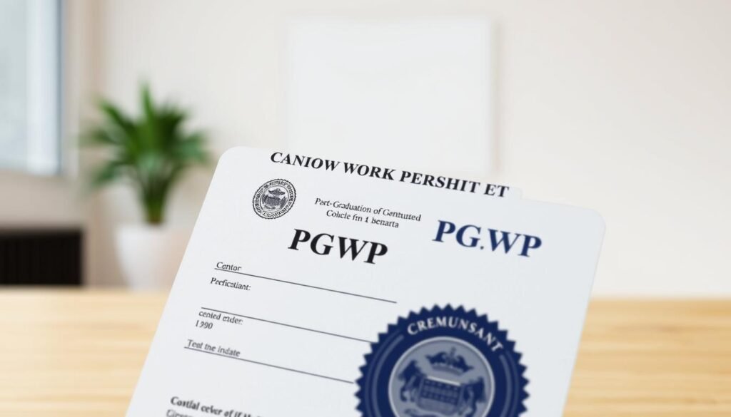 A high-resolution digital illustration of a post-graduation work permit (PGWP) document, set against a clean, professional background. The PGWP is presented in the foreground, with crisp details showcasing the official government seal, document title, and key information fields. The middle ground features a subtle, out-of-focus office setting, suggesting the document's purpose in enabling graduates to work in Canada. The background is a neutral, minimalist backdrop, allowing the PGWP to be the focal point. The overall mood is one of formality, legitimacy, and the opportunities a PGWP can unlock for recent graduates.
