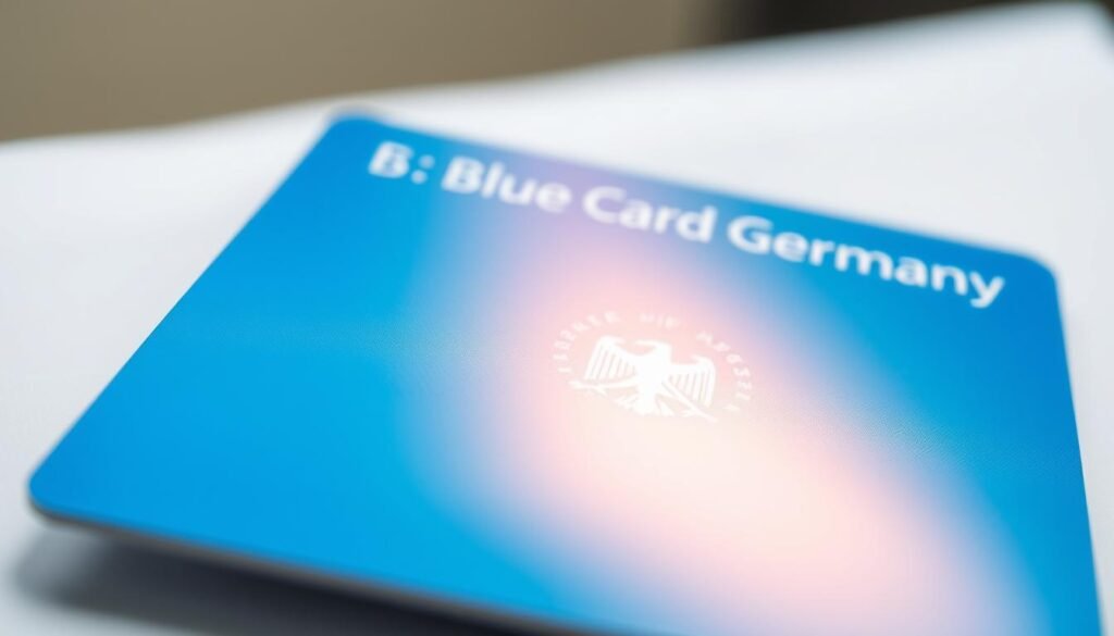 A high-resolution image of a vibrant blue German residence permit card, also known as the "Blue Card Germany," capturing it from a slightly elevated angle. The card is prominently displayed against a soft, out-of-focus background, allowing it to stand out as the central focus. The lighting is natural and diffused, casting a warm, inviting glow on the card's surface, highlighting its intricate design details and the official government seal. The image conveys a sense of official documentation and bureaucratic authenticity, perfectly suited to illustrate the "What is the Blue Card Germany?" section of the article.