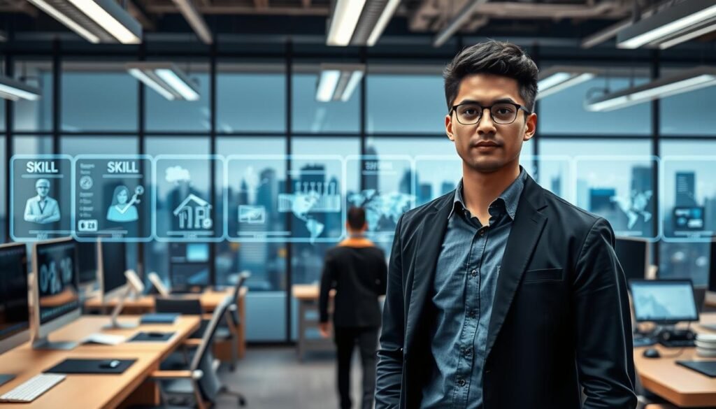 A high-resolution, photorealistic image depicting the importance of practical training in building a professional career. In the foreground, a young professional stands in a modern office, focused and determined, surrounded by a workspace filled with cutting-edge technology. In the middle ground, a series of interactive displays showcases various skills and hands-on experiences gained through practical training. The background features a dynamic cityscape, symbolizing the diverse opportunities and career paths made possible by acquiring practical expertise. The lighting is crisp and natural, creating a sense of clarity and professionalism. The overall composition conveys the transformative power of practical training in shaping a successful, fulfilling career.