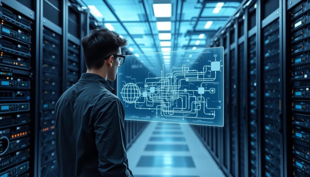 A large, modern data center filled with rows of server racks, interconnected by complex networks of cables and pipes. In the foreground, a data engineer stands before a holographic display, analyzing the flow of data through intricate pipelines visualized in a sleek, minimalist interface. The background is bathed in a cool, blue-tinged lighting, creating a sense of technological sophistication. The scene conveys the data engineer's crucial role in designing, optimizing, and maintaining the dynamic infrastructure that powers the organization's data-driven operations.