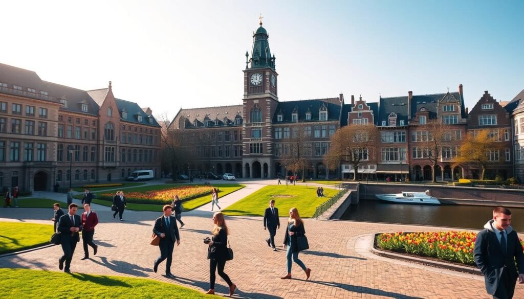 A magnificent university campus nestled in the heart of a picturesque Dutch town, its neo-Gothic architecture gleaming under the warm afternoon sun. In the foreground, students in smart uniforms stroll across a cobblestone plaza, chatting animatedly. The middle ground features a striking clocktower and verdant lawns dotted with blooming tulips. In the background, a series of historic canal houses line the banks of a serene waterway. The scene conveys a sense of scholarly tradition, intellectual vibrancy, and the unique charm of the Netherlands' renowned education system.