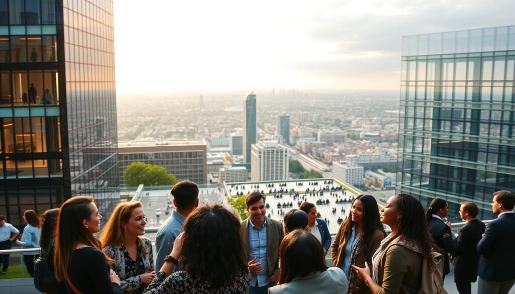 A majestic glass and steel building stands proudly, its sleek modern architecture reflecting the Atlantic Fellows Program's commitment to innovation and social impact. In the foreground, a diverse group of individuals engaged in thoughtful discussion, their faces alight with passion and purpose. The mid-ground features a series of interconnected spaces, bustling with activity and collaboration, while the background showcases a panoramic view of a vibrant cityscape, symbolic of the program's global reach and influence. Warm, diffused lighting casts a sense of optimism and possibility, capturing the essence of the Atlantic Fellows Program's mission to address pressing social and economic challenges.