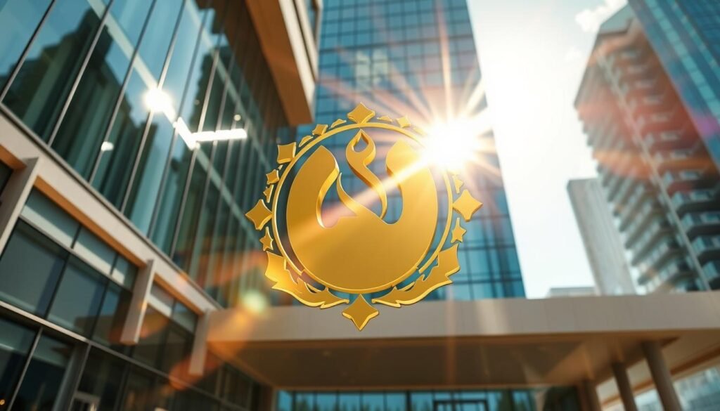 A majestic golden emblem, its radiant shine capturing the essence of the UAE's coveted Golden Visa program. Against a backdrop of sleek, modern architecture, the emblem stands as a symbol of opportunity, prosperity, and global connectivity. Sunlight filters through the glass facades, casting a warm, inviting glow over the scene. The image conveys a sense of prestige, exclusivity, and the promise of a flourishing future for those who seize the advantages of this esteemed immigration initiative.