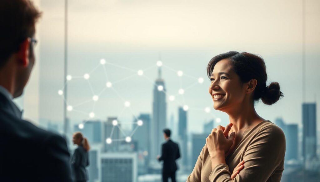 A meticulously crafted illustration of the steps to build an effective professional network. In the foreground, a person is thoughtfully connecting with others, their expression warm and engaged. The middle ground depicts a web of interconnected nodes, symbolizing the growing network. In the background, a sleek, minimalist cityscape provides a sophisticated backdrop, bathed in soft, diffused lighting that creates a sense of depth and atmosphere. The overall scene conveys the intentional, strategic, and visually appealing nature of cultivating meaningful professional relationships. A meticulously crafted illustration of the steps to build an effective professional network. In the foreground, a person is thoughtfully connecting with others, their expression warm and engaged. The middle ground depicts a web of interconnected nodes, symbolizing the growing network. In the background, a sleek, minimalist cityscape provides a sophisticated backdrop, bathed in soft, diffused lighting that creates a sense of depth and atmosphere. The overall scene conveys the intentional, strategic, and visually appealing nature of cultivating meaningful professional relationships.