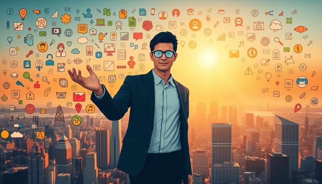 A meticulously crafted illustration showcasing transferable skills. In the foreground, a dynamic figure gestures confidently, symbolizing the versatility and adaptability of one's abilities. Surrounding this central character, a vibrant mosaic of icons and symbols representing diverse professional competencies - from analytical thinking and problem-solving to communication and teamwork. The middle ground features a sleek, minimalist cityscape, hinting at the multitude of career paths and opportunities available to those who recognize the power of transferable skills. Bathed in warm, golden light, the scene exudes a sense of optimism and empowerment, inviting the viewer to embrace their own unique skillset and unlock new possibilities.