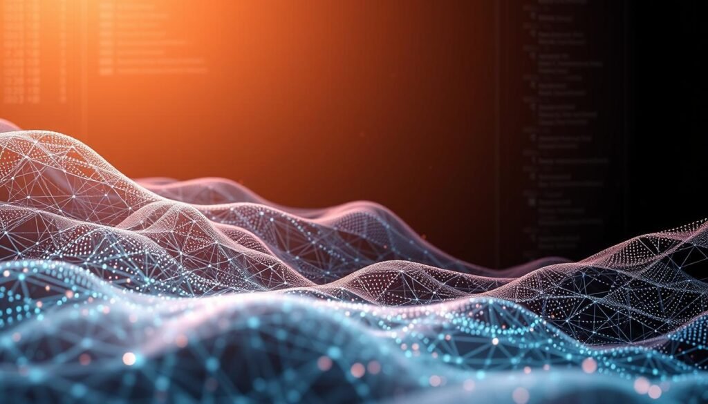 A meticulously designed data structure, its interconnected nodes and arrays forming a complex, abstract landscape. Algorithms dart through this digital realm, their paths traced by shimmering lines of code. The scene is bathed in a soft, warm glow, creating an atmosphere of contemplation and problem-solving. Subtle shadows and highlights accentuate the three-dimensional nature of this conceptual world, inviting the viewer to explore its intricacies. The composition is balanced, with a harmonious interplay of geometric shapes and fluid movements, reflecting the elegant principles of computer science.