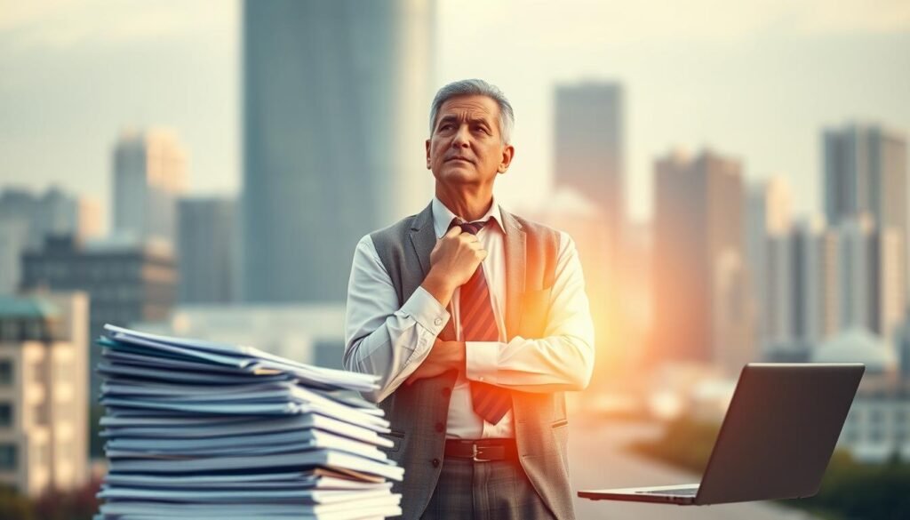A middle-aged professional, dressed in business attire, stands at a crossroads, contemplating their next career move. The lighting is soft and warm, casting a thoughtful glow on their face. In the foreground, a stack of documents and a laptop symbolize the analytical process they've been engaged in. In the background, a blurred cityscape represents the world of new possibilities awaiting them. The mood is one of introspection and determination, as they muster the courage to take a bold step towards a fulfilling career change.