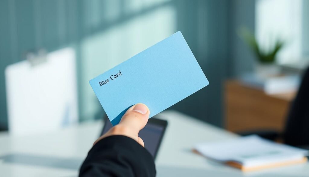 A minimalist and professional-looking image of a person's hand holding a blue card against a blurred office desk or workplace background. The card should be prominently displayed, capturing the essence of "applying for the Germany Blue Card". The lighting should be soft and natural, with a clean, modern aesthetic. The overall composition should convey a sense of confidence, progress, and the bureaucratic process of obtaining the Blue Card. The focus should be on the card itself, with the background providing just enough context to situate the scene in a professional, administrative setting. A minimalist and professional-looking image of a person's hand holding a blue card against a blurred office desk or workplace background. The card should be prominently displayed, capturing the essence of "applying for the Germany Blue Card". The lighting should be soft and natural, with a clean, modern aesthetic. The overall composition should convey a sense of confidence, progress, and the bureaucratic process of obtaining the Blue Card. The focus should be on the card itself, with the background providing just enough context to situate the scene in a professional, administrative setting.