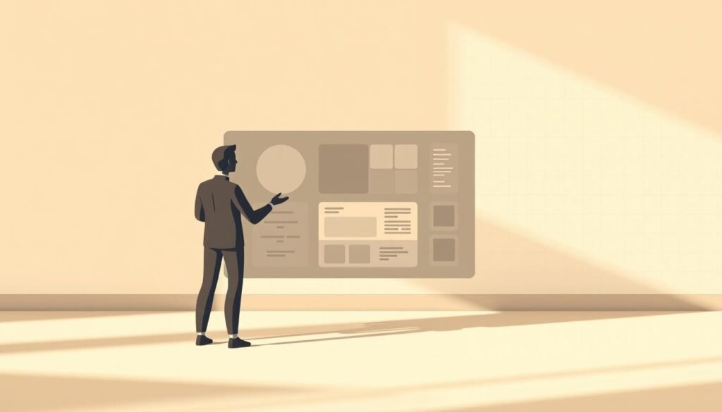 A minimalist, clean-lined illustration depicting the fundamentals of UX/UI design. In the foreground, a stylized human form interacts with a sleek, muted-tone digital interface, representing the user experience. The middle ground features geometric shapes, color palettes, and typography, emblematic of UI design principles. The background showcases a subtle grid pattern, hinting at the underlying structure and layout considerations. Warm, natural lighting casts soft shadows, creating a sense of depth and dimension. The overall aesthetic is one of simplicity, balance, and a focus on the core elements of user-centric digital design.
