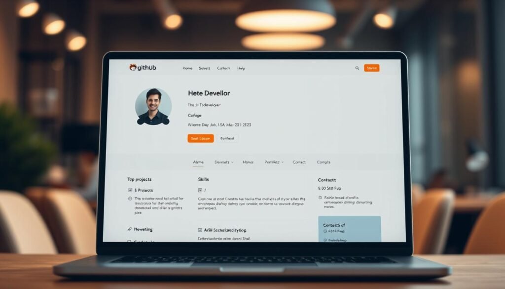 A minimalist, clean-looking GitHub portfolio page, showcased on a laptop screen against a blurred, warm-toned office backdrop. The portfolio features a hero image of the developer, along with sections highlighting their top projects, skills, and contact information. The layout is sleek and well-organized, using a neutral color scheme with subtle pops of accent color. Soft, directional lighting illuminates the scene, creating a professional and inviting atmosphere.