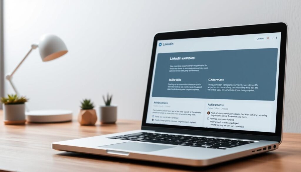 A minimalist desktop scene, with a laptop displaying various LinkedIn summary examples on the screen. The examples are presented in a clean, easy-to-read format, highlighting key sections such as professional experience, skills, and achievements. The laptop is placed on a wooden desk, with a few potted plants and a simple desk lamp providing subtle lighting. The background is a soft, blurred gradient, creating a focused, professional atmosphere. The overall composition emphasizes the importance of a well-crafted LinkedIn summary, guiding the viewer's attention to the examples on the screen.
