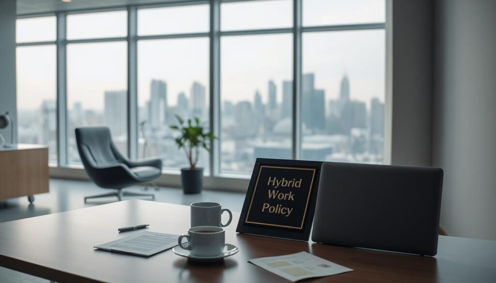 A minimalist office interior with a large window overlooking a cityscape. In the foreground, a modern desk with a laptop, coffee mug, and a few scattered papers. On the desk, a framed plaque or certificate with the words "Hybrid Work Policy" etched into it. The middle ground features a comfortable lounge chair and a potted plant, suggesting a collaborative work environment. The background showcases the urban skyline, with muted colors and soft, natural lighting filtering in through the window. The overall atmosphere is one of professionalism, productivity, and a balance between remote and in-office work.