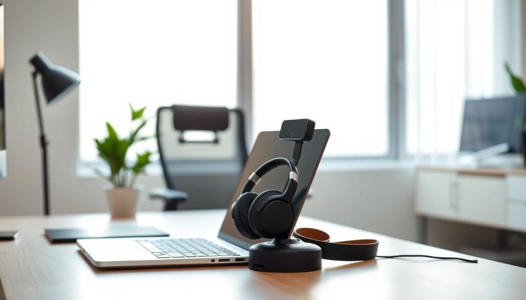 A minimalist, well-lit home office setup showcasing the essentials for remote work. In the foreground, a sleek, modern desk with a powerful laptop, high-quality webcam, and a pair of noise-cancelling headphones. The middle ground features a ergonomic office chair and a potted plant, adding a touch of nature. The background softly blurs out, revealing a large window with natural daylight streaming in, creating a calming and productive atmosphere. The overall scene conveys a sense of focus, organization, and efficiency - the key ingredients for a successful remote work experience.