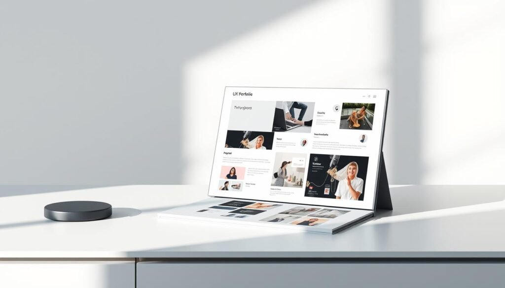 A modern and minimalist architectural rendering of a UX portfolio, showcasing clean lines, sleek surfaces, and a harmonious balance of light and shadow. The portfolio is presented on a minimalist white desk, accentuated by a warm, soft lighting that emanates from the edges, creating a sense of depth and atmosphere. The portfolio itself is composed of carefully curated UX design samples, showcasing a range of projects and highlighting the designer's skills and expertise, despite their lack of prior experience. The overall composition conveys a sense of professionalism, innovation, and the ability to create compelling UX experiences even without an extensive background.