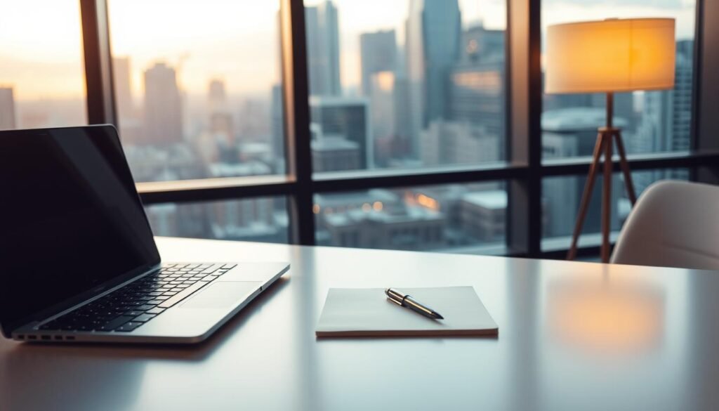 A modern and minimalist office space. On the desk, a laptop, notebook, and pen stand neatly arranged, ready for a one-on-one meeting. Warm, focused lighting illuminates the scene, creating a professional and productive atmosphere. In the background, a large window offers a view of a bustling city skyline, hinting at the wider context of the meeting. The overall mood is one of organization, preparation, and anticipation, capturing the essence of getting ready for a meaningful discussion with a manager. A modern and minimalist office space. On the desk, a laptop, notebook, and pen stand neatly arranged, ready for a one-on-one meeting. Warm, focused lighting illuminates the scene, creating a professional and productive atmosphere. In the background, a large window offers a view of a bustling city skyline, hinting at the wider context of the meeting. The overall mood is one of organization, preparation, and anticipation, capturing the essence of getting ready for a meaningful discussion with a manager.