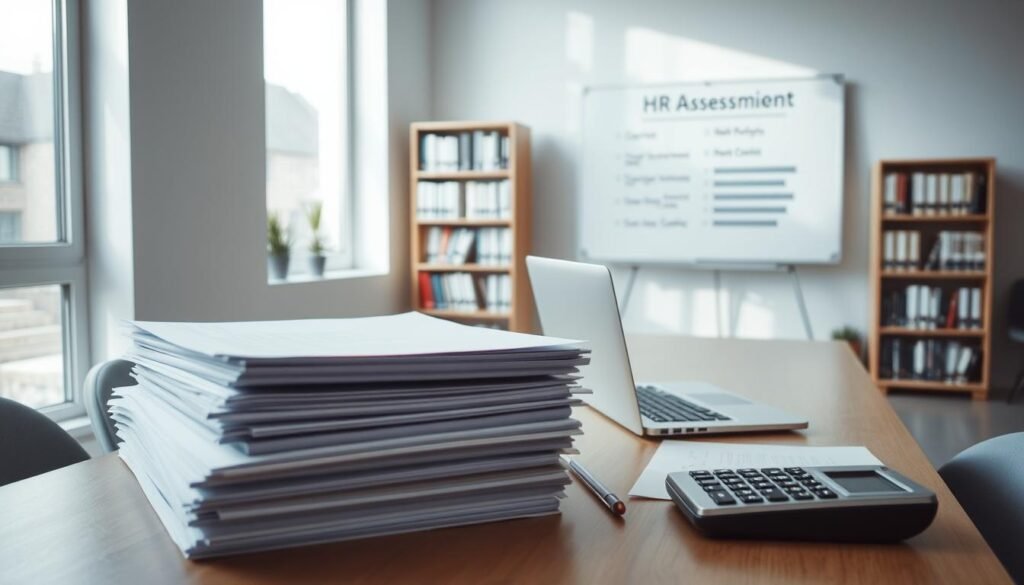 A modern and professional-looking workplace interior, featuring a desk with stacks of job application files, a laptop, and a calculator. The room is well-lit with natural light streaming in from large windows, creating a calm and focused atmosphere. In the background, a bookshelf filled with HR-related books and a whiteboard displaying job assessment criteria. The overall scene conveys a sense of evaluation, assessment, and the process of hiring new employees.