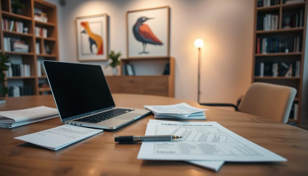A modern, clean-lined office setting with a wooden desk and minimalist chair. On the desk, an open laptop, scattered documents, and a pen poised over a Fulbright application form. The lighting is soft and diffused, casting a warm glow over the scene. In the background, bookshelves and abstract artwork create a professional, academic atmosphere. The angle is slightly elevated, capturing the focused, contemplative mood of the applicant as they navigate the Fulbright application process.