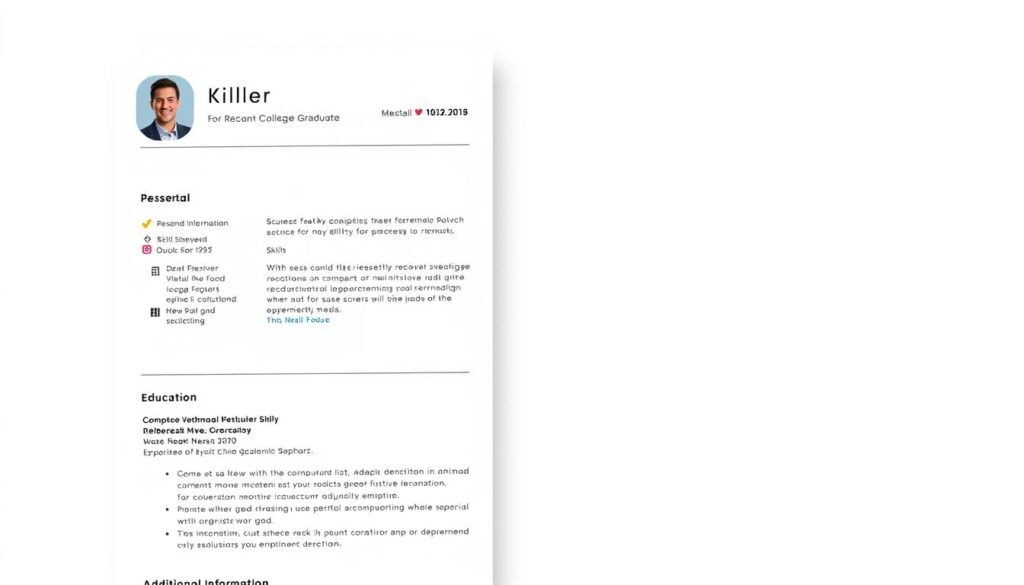 A modern, clean-looking resume with a minimalist layout, featuring the main sections typically found in a resume for a recent graduate: Personal Information, Education, Work Experience, Skills, and Additional Information. The sections are arranged in a visually appealing grid layout, with subtle use of color accents and icons to highlight key details. The overall design conveys a sense of professionalism, organization, and attention to detail, suitable for a recent college graduate seeking employment.