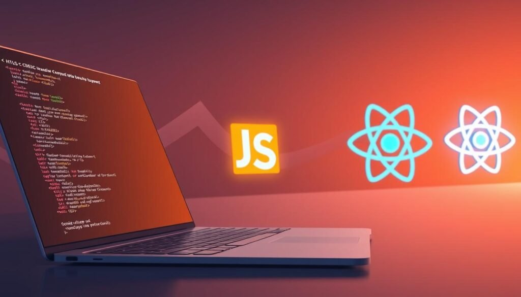 A modern, minimalist illustration of a web developer's journey, depicting the core technologies of frontend development. In the foreground, a sleek laptop displays HTML/CSS code, with clean, elegant lines and a minimalist aesthetic. In the middle ground, a stylized JavaScript logo shines brightly, representing the next step in the developer's progression. Finally, in the background, a React logo emerges, symbolizing the culmination of the frontend development roadmap. The scene is bathed in a warm, inviting glow, conveying a sense of progress and accomplishment. The overall mood is one of focus, determination, and the excitement of mastering the tools of the trade.